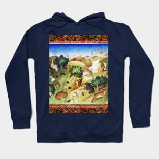 BOOK OF HUNTING,RABBITS IN WOODLAND LANDSCAPE, GREENERY Medieval Miniature Hoodie